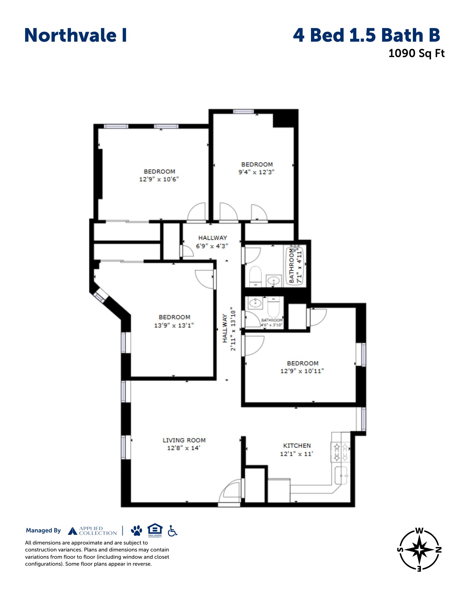 Floor plan for 4 beds, 1.5 baths, 1090 sqft